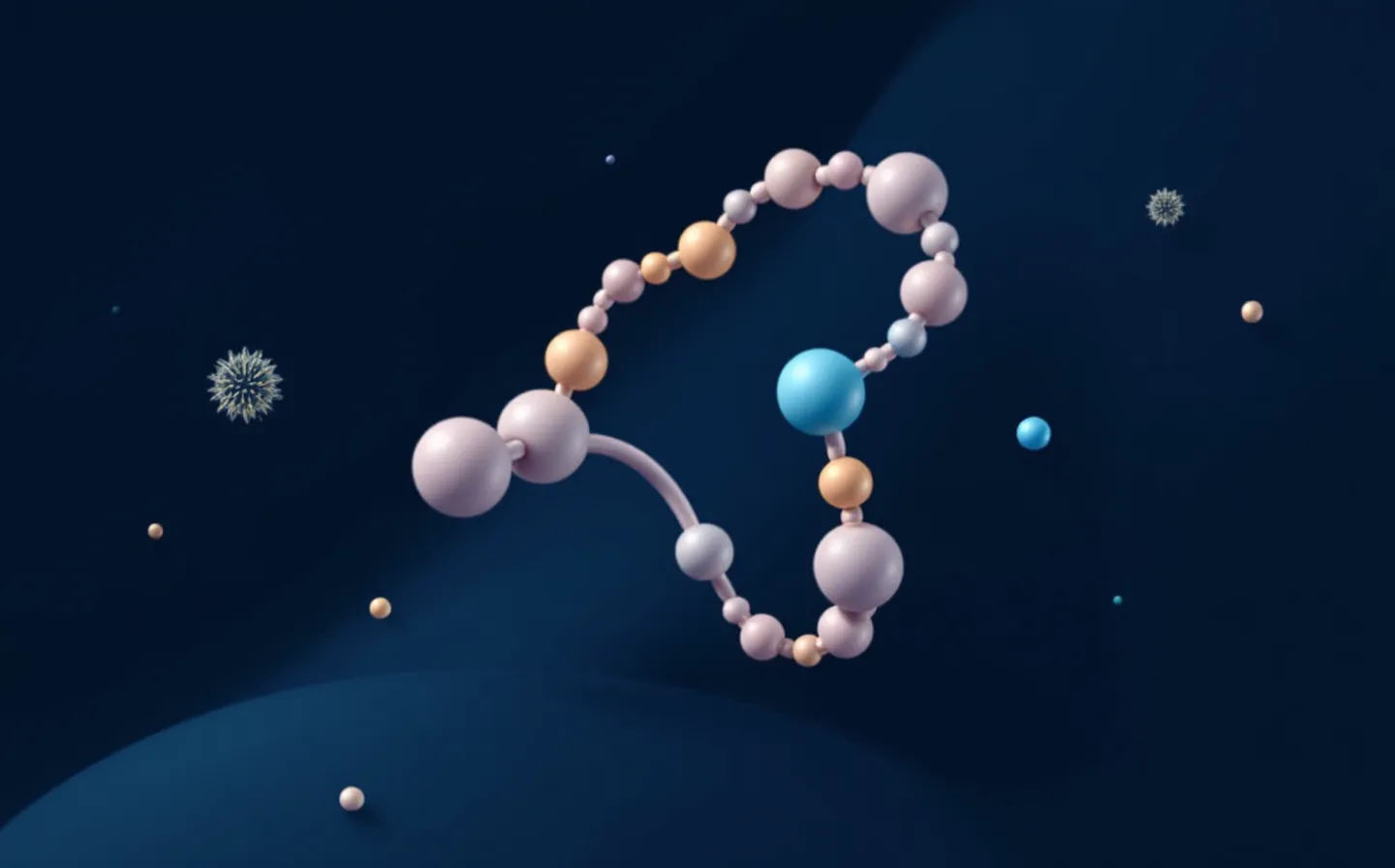 A soft neumorphic schematic of a raised periwinkle melanocortin-receptor pebble with a cyclic seven-bead peptide ring docking into it and a cyan active-site bead, on a deep cool slate ground