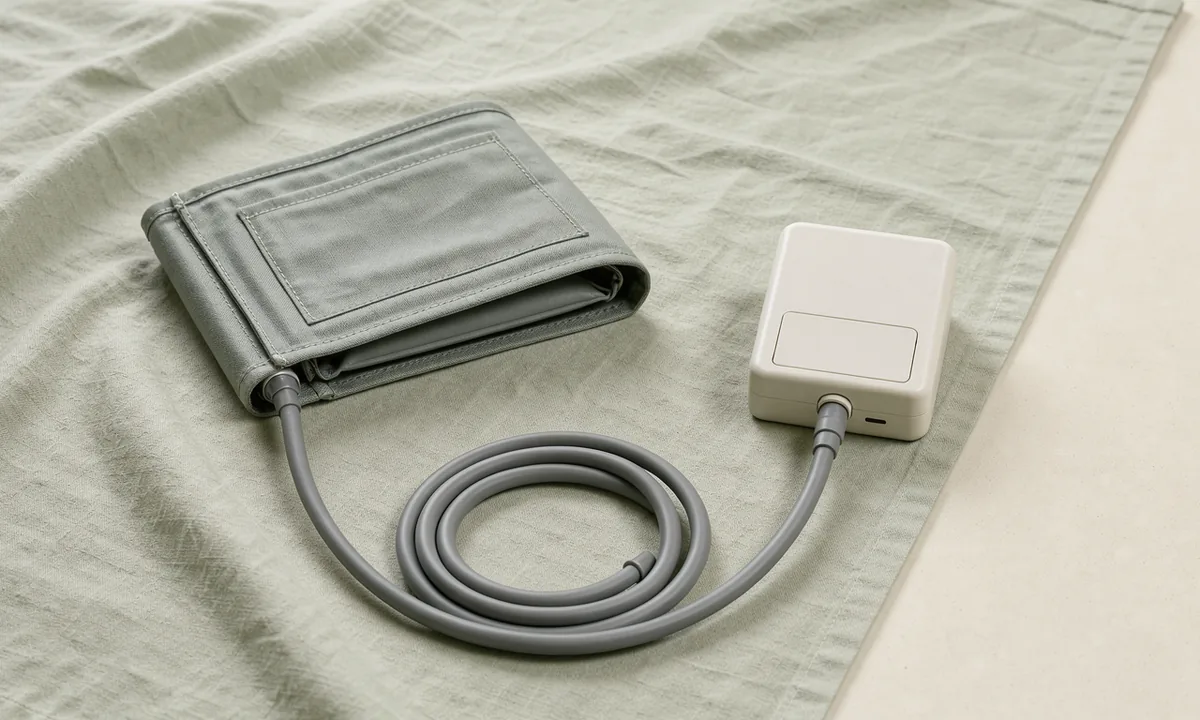 An open blood-pressure cuff and its tubing lie on a pale green linen-covered table