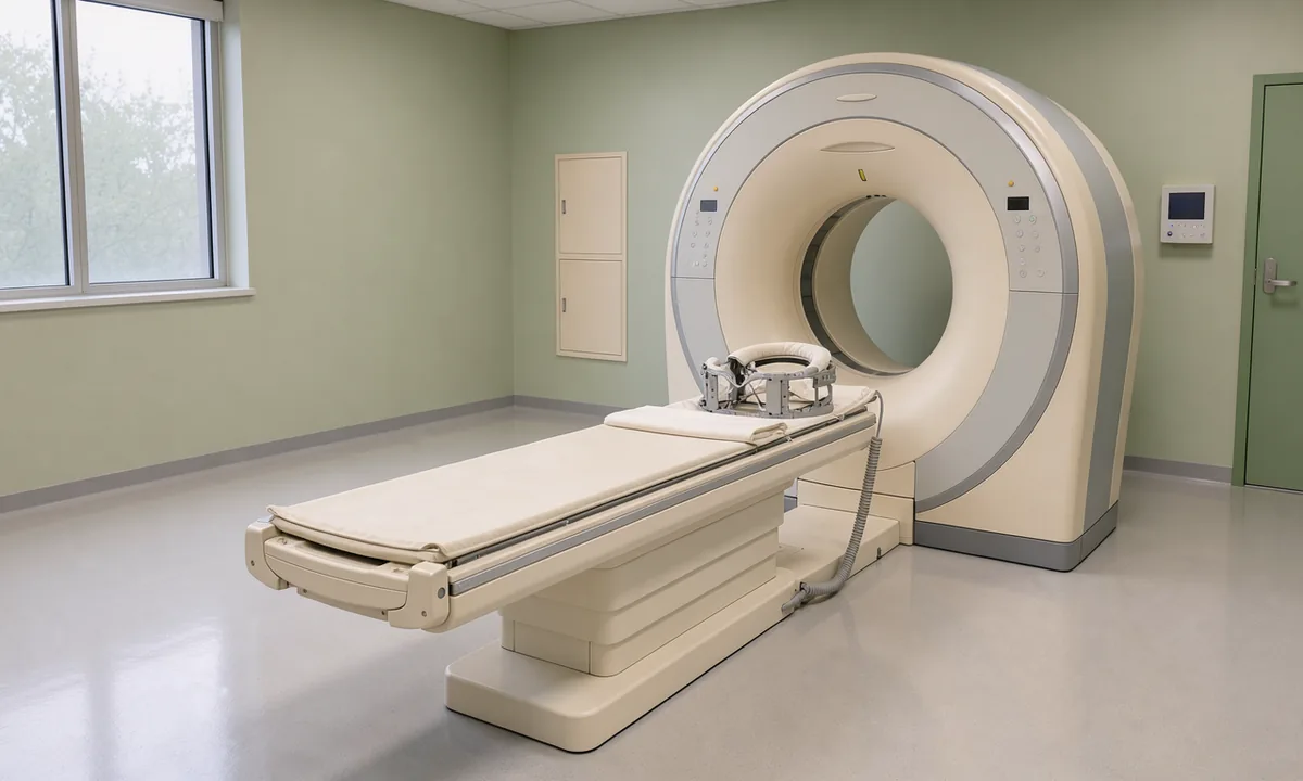 An empty magnetic resonance scanner with a head coil in a softly lit room