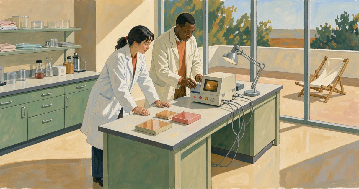 Editorial illustration of laboratory workers beside a sunny window and an empty outdoor reclining chair